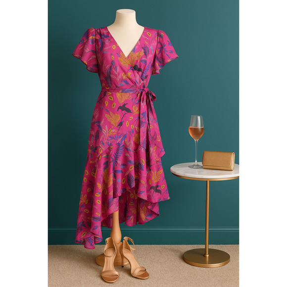 Tanya Taylor Dita Silk Wrap Ruffle Dress – Jungle Leaves Purple – Size 8 - Picture 1 of 11